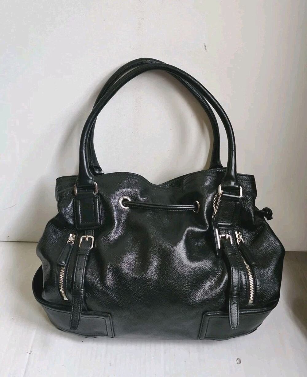 Cole Haan Village Black Leather Shoulder Bag Multi Pocket Zipper Tote Handbag